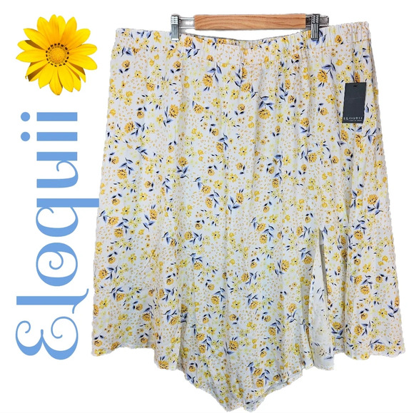 Eloquii Skirt Womens Sz 22 Yellow Floral Elastic Waist Hankerchief Hem - Picture 1 of 12